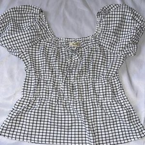 Madewell White/Black Tiered Short Sleeve Peasant with Tie